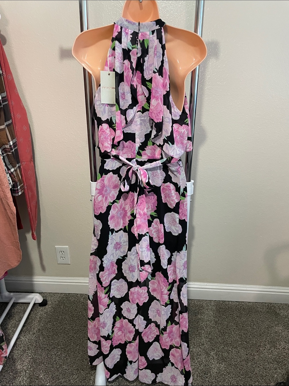 Floral Halter High-low Dress in Pink on Black - Picture 6 of 7